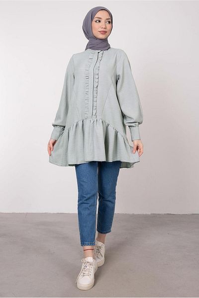 TRENDTESETTÜR Women's Gray Ruffle Detailed Flounce Tunic T 8985