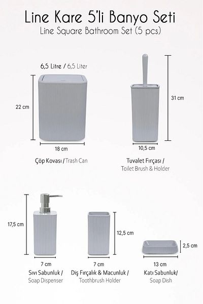 Lida 5-Piece Square Model Bathroom Set - Trash Can, Wc Brush, Liquid Soap Dispenser, Toothbrush Holder, Solid Soap Dispenser