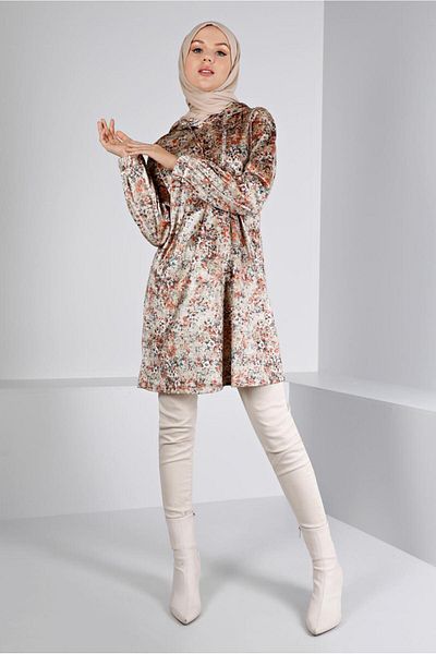 TRENDTESETTÜR WOMEN BEIGE (STONE) PATTERNED VELVET TUNIC T 43392