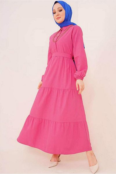 TRENDTESETTÜR WOMEN'S FUCHIA SHIRT COLLAR BANDED SLING DRESS T 724