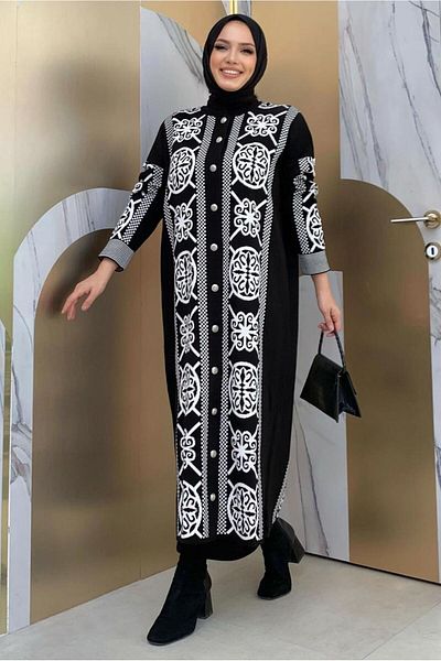 TRENDTESETTÜR Women's Black Ethnic Patterned Knitwear Jacket T 8316
