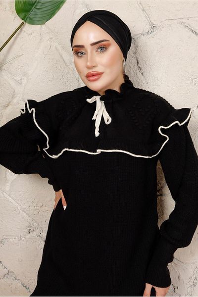 TRENDTESETTÜR Women's Black Frilly Knitwear Knitted Tunic T 7108