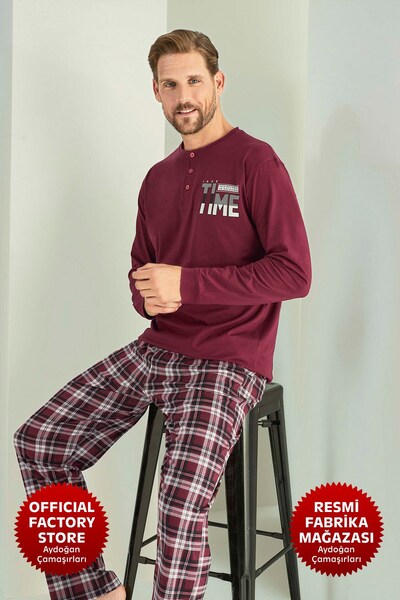 Aydoğan Erkek Bordo Uzun Kollu %100 Pamuk Pijama Takımı Süprem Patlı 3468 - Aydogan ®