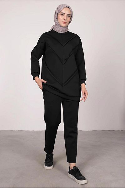 TRENDTESETTÜR Γυναικείο Μαύρο Σετ Scuba με Παντελόνι T 7605