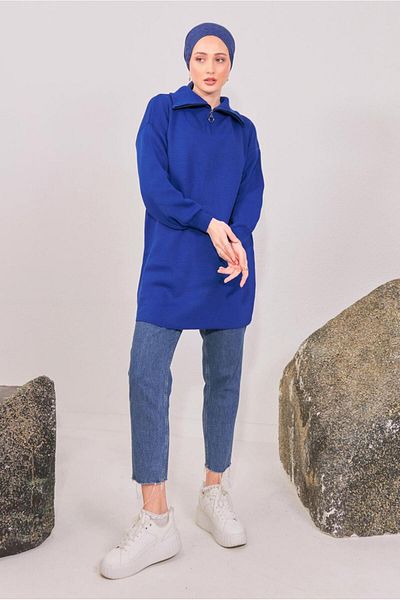 TRENDTESETTÜR WOMEN'S NAVY BLUE (SAX) COLLAR ZIPPERED KNIT TUNIC T 1908