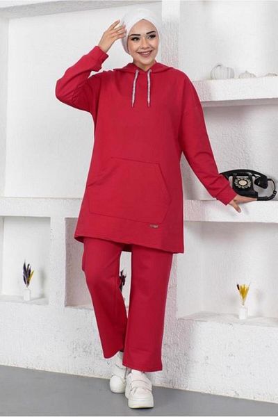 TRENDTESETTÜR WOMEN'S RED HOODED POCKET TRACK SUIT T 003