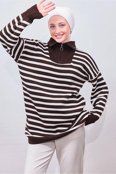 TRENDTESETTÜR WOMEN'S COFFEE STRIPED TRICOT TUNIC T 0908