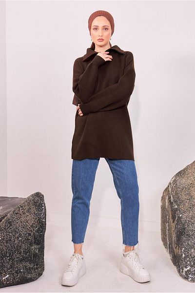 TRENDTESETTÜR WOMEN'S BROWN COLLAR ZIPPERED KNITWEAR TUNIC T 1908