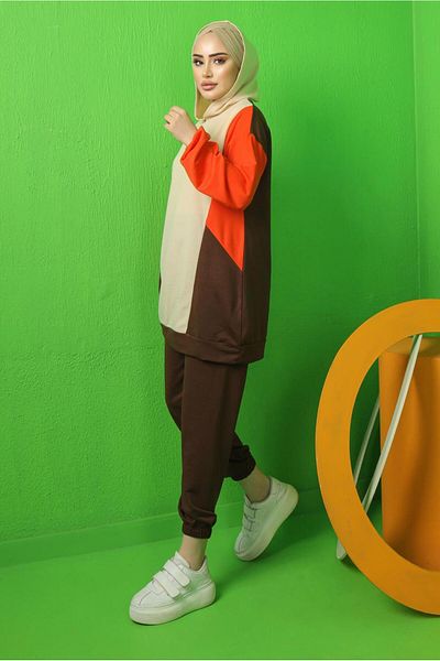 TRENDTESETTÜR WOMEN'S ORANGE (ORANGE) COLOR BLOCKED HOODED PANT SUIT T 5043