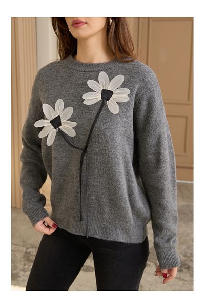 Elif Özbey Butik Gray Linen Floral Oversize Sweater