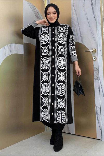 TRENDTESETTÜR Women's Black Ethnic Patterned Knitwear Jacket T 8316