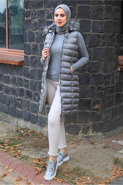 TRENDTESETTÜR WOMEN'S GRAY HOODED PUFFY VEST T 4747