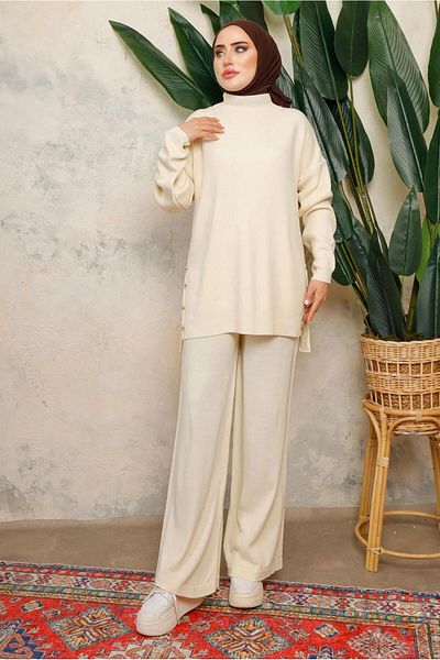 TRENDTESETTÜR Women's Ecru Necked Neck Double Pants Knitwear Suit T 0108