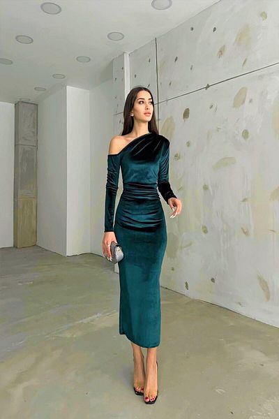 Glysso One Shoulder Draped Velvet Emerald Green Dress Women