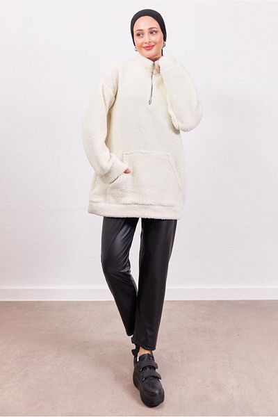 TRENDTESETTÜR WOMEN'S Ecru ZIPPERED PLUSH TUNIC T 4453