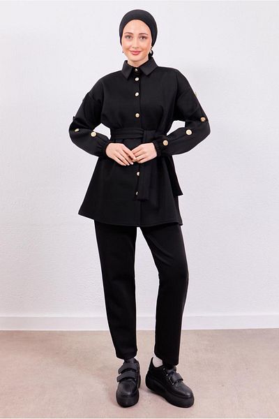 TRENDTESETTÜR Women's Black Belted Scuba Pants Suit T 0453
