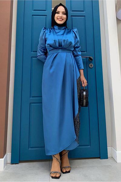 TRENDTESETTÜR Βραδινό φόρεμα Navy Blue Satin - Ζώνη και Φούντες, Μοντέλο T 3673