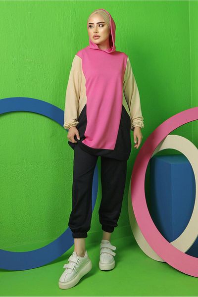 TRENDTESETTÜR WOMEN'S FUCHIA (FUCHIA-BEIGE) COLOR BLOCKED HOODED PANT SUIT T 5043
