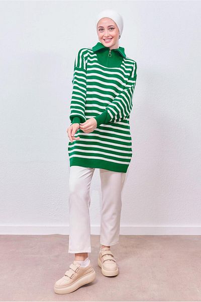 TRENDTESETTÜR Πράσινο ριγέ γυναικείο πλεκτό τουνίκ - BENETTON T 0908
