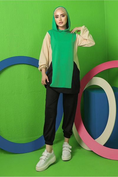 TRENDTESETTÜR WOMEN'S GREEN (BENETTON) COLOR BLOCKED HOODED PANT SUIT T 5043