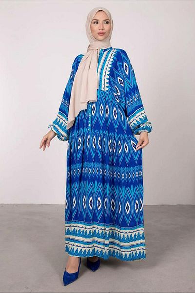 TRENDTESETTÜR ΓΥΝΑΙΚΕΙΟ ΣΚΟΥΡΟ ΜΠΛΕ (SAKS) ΦΟΡΕΜΑ ΜΕ ΜΠΑΛΟΝΙ ΜΕ ΕΘΝΙΚΟ ΣΧΕΔΙΟ T 2605-1