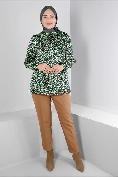 TRENDTESETTÜR WOMEN'S GREEN LEOPARD PATTERNED SATIN TUNIC T 20308