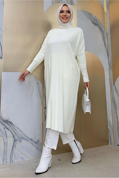 TRENDTESETTÜR WOMEN'S Ecru BAT SLEEVE FITTED TRICOT TUNIC 1624