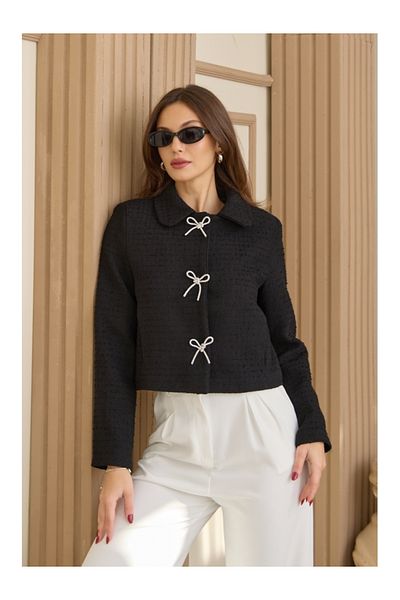 Elif Özbey Butik Jachetă din tweed cu fundă de piatră neagră