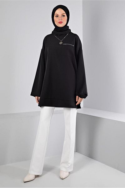TRENDTESETTÜR WOMEN'S BLACK DEGAJE COLLAR TUNIC T 43453