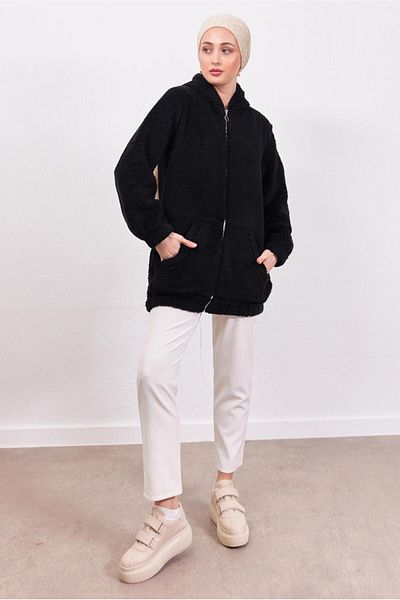 TRENDTESETTÜR Women's Black Hooded Plush Jacket T 3453