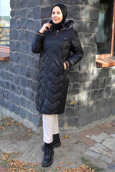 TRENDTESETTÜR KADIN SİYAH KAPÜŞONLU KABAN T 1823-1