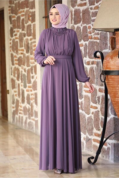 TRENDTESETTÜR KADIN MOR (LİLA) KEMERLİ ABİYE ELBİSE T 1253