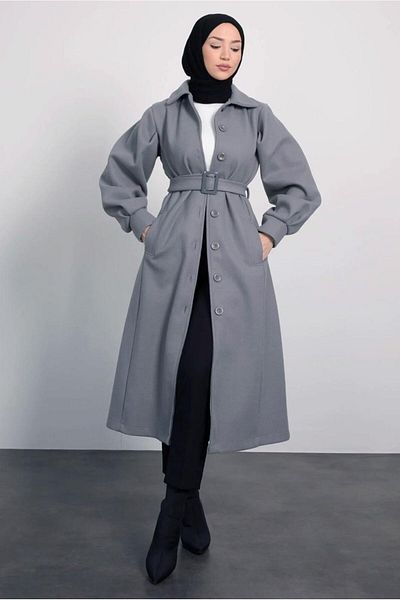 TRENDTESETTÜR معطف نسائي بحزام رمادي - T 8595