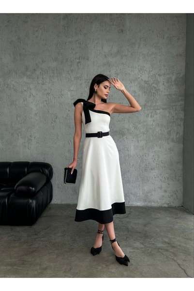 Glysso White Evening Dress with Bow Detail and Single Shoulder Belt