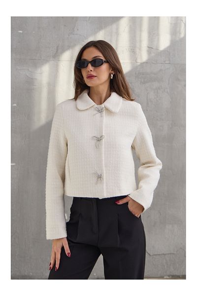 Elif Özbey Butik Jachetă din tweed cu fundă de piatră ecru