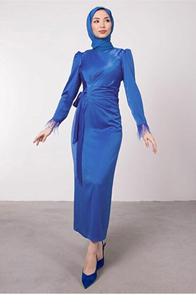 TRENDTESETTÜR Women's Dark Blue (Indigo) Cuffs with Feather Detail Evening Dr...