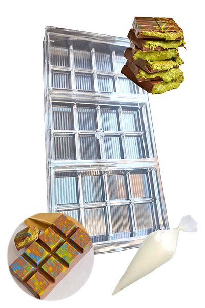 Dekamis Dubai Chocolate Mold 3 Compartments Polycarbonate Shatterproof Mold + 4Pcs Cream Squeeze Bags