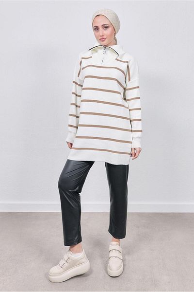TRENDTESETTÜR WOMEN'S COFFEE (CAMEL) STRIPED TRICOT TUNIC T 9808