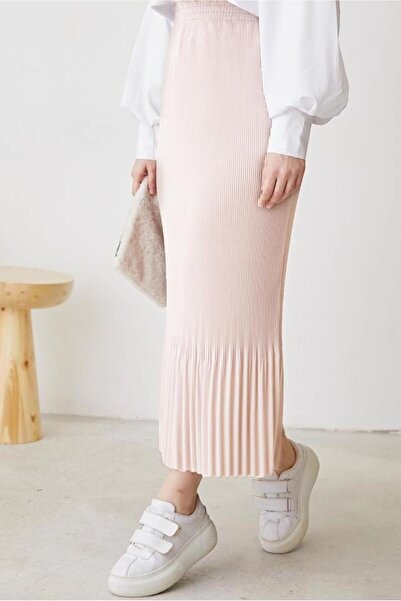 TRENDTESETTÜR WOMEN'S BEIGE (STONE) ELASTIC WAIST PLEATED SKIRT T 502