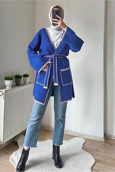 TRENDTESETTÜR سترة تريكو نسائية باللون الأزرق الداكن (الساكس) بحزام T 4788
