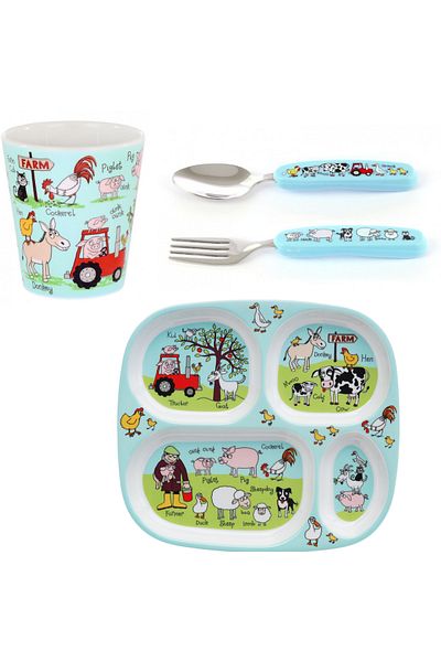 Tyrrell Katz Plate and Drinking Cup Set with Melamine Compartments for Farmyard and Farm Animals