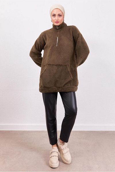 TRENDTESETTÜR WOMEN'S COFFEE ZIPPERED PLUSH TUNIC T 4453