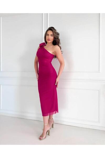 Glysso Kadın Tek Omuz Drapeli Gül Detaylı Fuşya Pembe Tül Elbise
