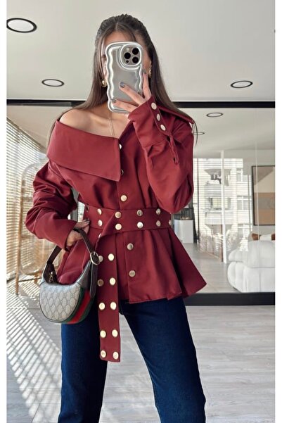 BERİ BUTİK Women's Gold Studded Belt Detailed Burgundy Shirt