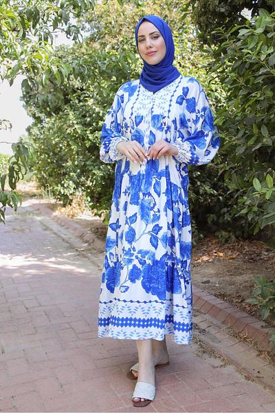 TRENDTESETTÜR Γυναικείο φόρεμα με μοτίβο Navy Blue Saks με μανίκια - Κουμπί T 9433-1
