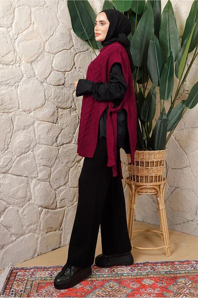 TRENDTESETTÜR WOMEN'S Claret Red Sleeveless SIDE TIE DETAILED KNIT PONCHO T 4508