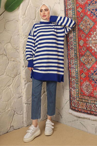TRENDTESETTÜR Women's Navy Blue (SAKS) Striped Knitwear Tunic T 4608