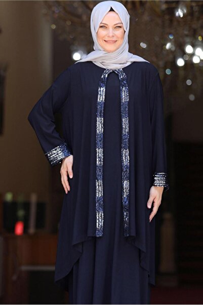 TRENDTESETTÜR فستان سهرة نسائي مطرز بالترتر باللون الأزرق الداكن T 8433