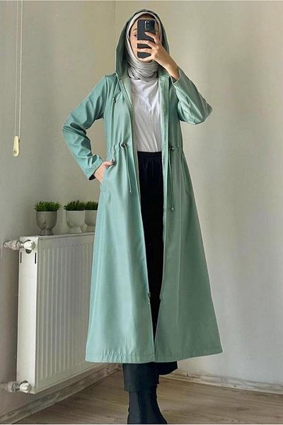 TRENDTESETTÜR Γυναικεία μπλε (AQUA) καμπαρντίνα με κουκούλα με κορδόνι στη μέση T 1495
