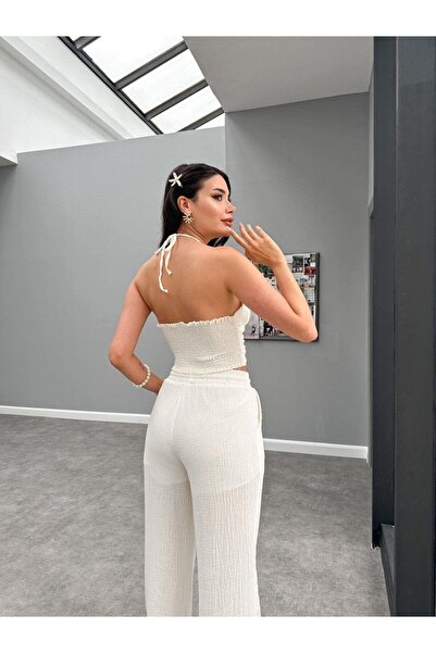 Glysso Ecru Muslin Women's Bustier and Pants Set - Halter Neck